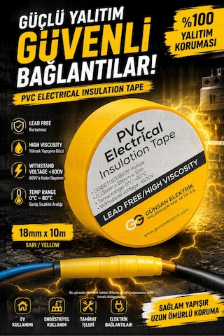 Sarı Profesyonel Pvc Elektrik Bandı 18mm X 10m Güçlü Yapışkanlı, 600v Dayanımlı, Esnek İzolasyon B