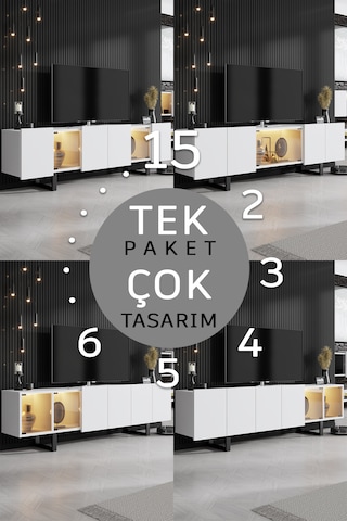 Zenit Siyah Demir Ayaklı Rgb Led Işık Sistemli Beyaz Tv Ünitesi Tv Sehpası Beyaz - Siyah