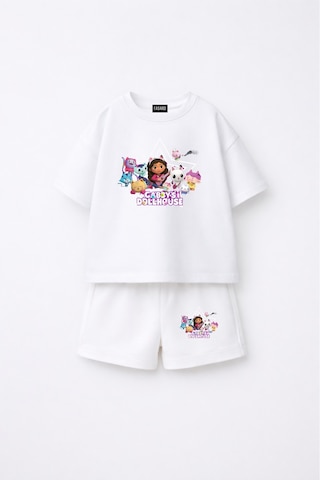 Fasardi Gabby's Dollhouse / Gabby'nin Hayal Evi Baskılı Oversize %100 Pamuk Tişört Şort 2li Çocuk Takım Beyaz