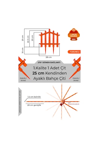 Dekoratif Plastik Bahçe Çiti Ve Peyzaj Çiti 1 Adet Çit Y: 25 Cm / G: 25 Cm Toprak Ayaklı - Turuncu