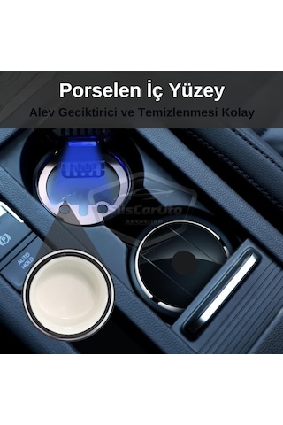 Üniversal Porselen Yanmaz Koku Geçirmez Işıklı Lüx Oto Küllük Dumansız Kapaklı Spor Araç İçi Küllük Araba Küllüğü Gümüş 00 Şüscaroto Aksesuar