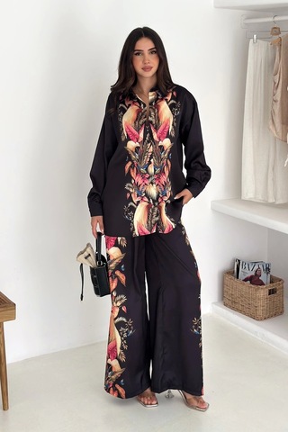 Saten Kumaş Desenli Takım Siyah Siyah