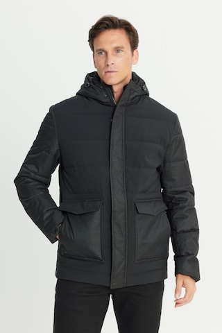 AC&Co / Altınyıldız Classics Erkek Sıyah Standart Fit Normal Kesim Kapüşonlu Çıtçıtlı Torba Cepli Kaban Siyah