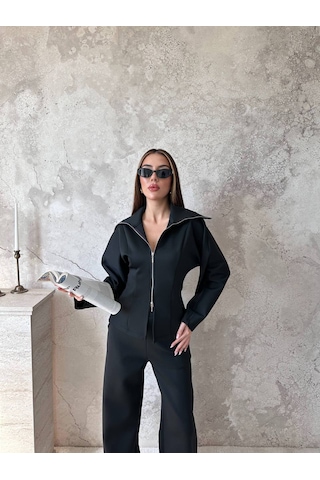 Hopıan Kadın Siyah Yarım Fermuarlı Dik Yaka Crop Sweatshirt Siyah - Siyah