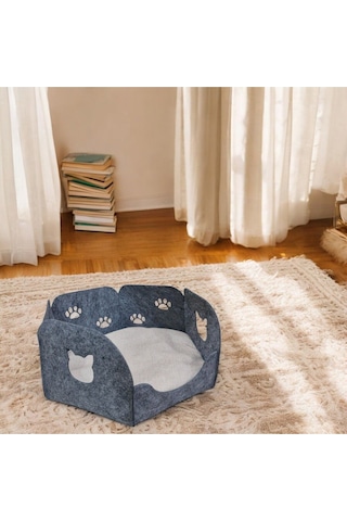 Kedi Yatağı Yuvası Evi Minderli Taşınabilir 3 Mm Keçe Altıgen Tasarım Yuva+minder Gri