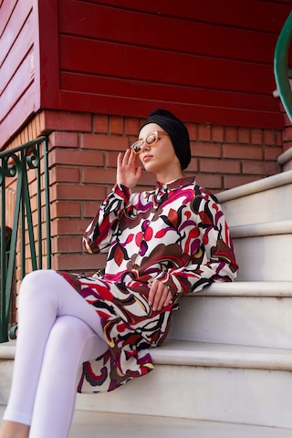 Polologin Butik Bordo Kahve Desenli Viskon Tunik Çok Renkli