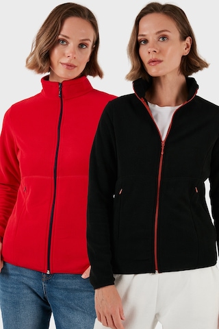 Lela Slim Fit Anti-Pilling Tüylenme Yapmayan Fermuarlı 2'Li Paket Polar Bayan Hırka 5907012S2 Kırmızı-Siyah