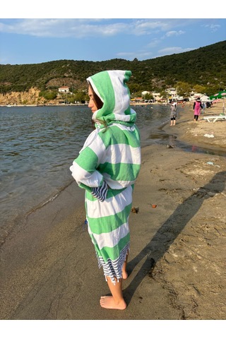 Çanta Olabilen %100 Pamuk Standart Beden Plaj Banyo Bornoz Kapşon Beyaz - Yeşil
