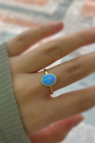 Gümüş Mavi Opal Taşlı Altın Kaplama Yüzük Sarı