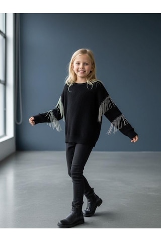 Kız Çocuk Yüzde Yüz Pamuklu İki İplik Zincir Detaylı Sweatshirt-16698 Siyah