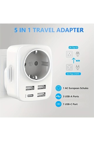 Motion003 365 İngiltere Almanya Seyahat Adaptörü 3 Usb 1 Usb C 34a Tip G Priz İngiltere İrlanda Dubai Maldivler Katar Malezya 1 Çıkışlı