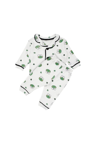 Bebegen Unisex Ekru Yeşil Kurbağa Desenli Kruvaze Yaka Pijama Takımı Çok Renkli