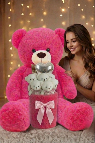 Sevgililer Günü Ne Özel: Premium Kalp Balonlu Deluxe Peluş Fuşya Ayıcık Buketi Özel Kutulu Tasarım