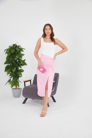 Lilys Derin Yırtmaçlı Çok Zarif Pembe Keten Etek Pembe