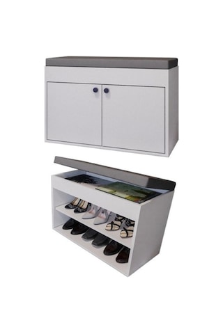 Merlin Mobilya Side 2 Katlı Puf Oturaklı Ayakkabılık Antrasit - Beyaz