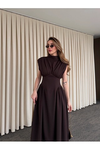 Laluvia Kahverengi Vatkalı Elbise - 25193 Kahverengi
