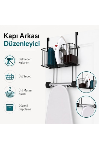 Alper Banyo Kapı Arkası Ütü Masası Askılığı Siyah, Sepetli Kapı Arkası Düzenleyici, Delmeden Kullanımlı Ü