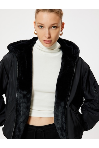 Koton Oversize Bomber Şişme Mont Kapüşonlu İçi Kürklü Fermuarlı Siyah 5wak20111ew Siyah