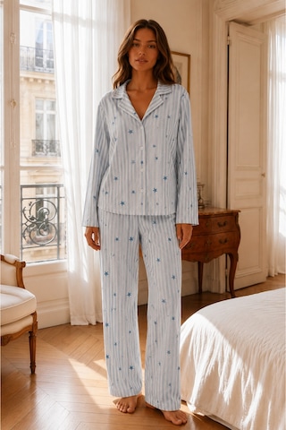 Womanandkids Mavi Kadın Relax Fit Düğme Pijama Takımı