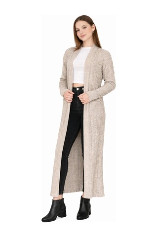Onno Style Women Standart Beden Uzun Triko Fitilli Kadın Ceket Bej