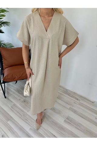 Keymoda Kadın Keten Elbise Taş Rengi Taş Rengi