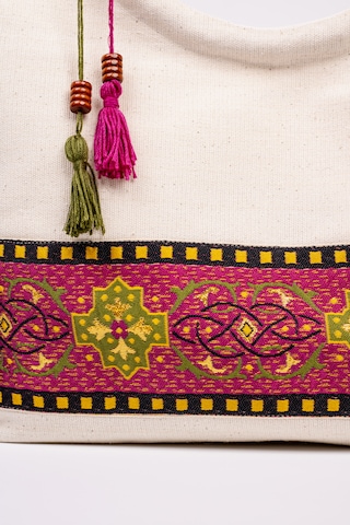 Fabric Craft Bag El Çantası Kanvas Etnik Dokuma Bordürlü Beyaz
