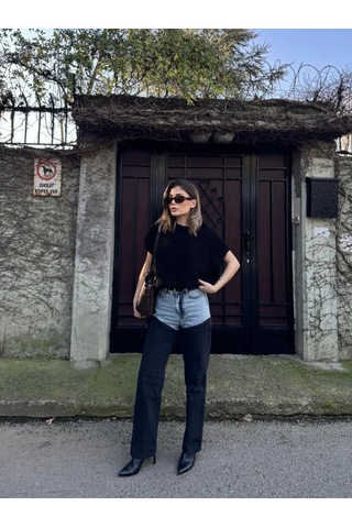 Tarzyeri Kadın Jeans Kot Parçalı Palazzo Pantolon - Siyah Beyaz