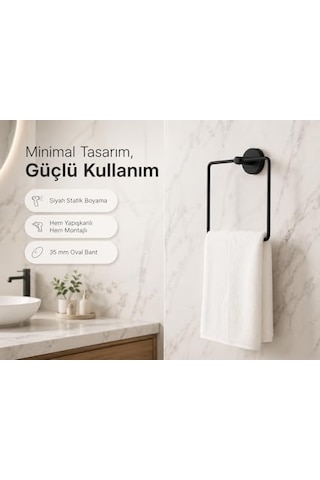 Lotus Siyah Kare Havluluk, Yapışkanlı Ve Vidalı Montajlı Banyo Havlu Askısı, Mat Siyah Statik Boyama, 35 Mm Oval Bantlı Duvar Havluluk, Metal Diğer