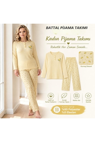 Boyraz Lindros Kadın Düğme Yaka Raporlu İnterlok Kışlık Battal Pijama Takımı 02717 - 1 Adet Sarı