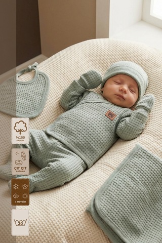 Minory Baby - %100 Pamuk 7'li Hastane Çıkışı Seti Yenidoğan 7'li Set Waffle Kumaş Yeşil Yeşil
