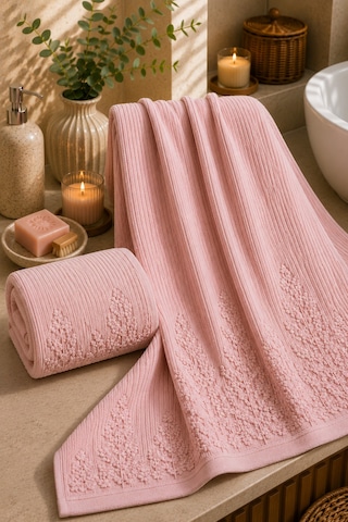 Çiçek Desenli 2 Li Banyo Havlu Seti 50 90 Baş Havlusu + 90 150 Banyo Havlusu - Pembe