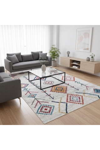 Krem Ve Çok Renkli Boho Motifli Otantik Dijital Baskı Halı Kaymaz Tabanlı, Geometrik Desenli Taban