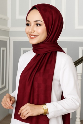 Mim Eşarp Emproyal Silver Jakar Dama Desenli Şal 75x190 Cm Bordo