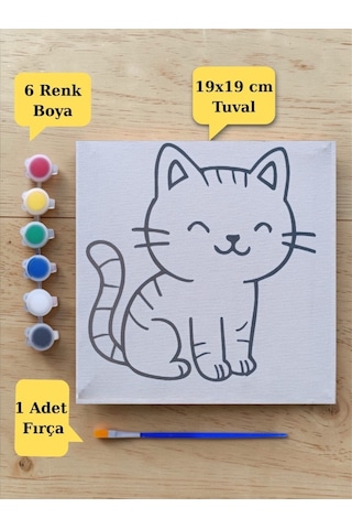 Sevimli Kedi Baskılı Tuval Boyama Aktivite Seti 19x19 Cm Tuval, Fırça Ve 6 Renk Akrilik Boya Seti