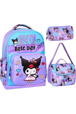 Kuromi Baskılı Lila, 3 Lü İlkokul Kız Çocuk Beslenmeli Ve Kalemli