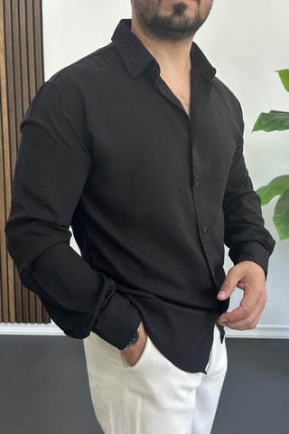 Erkek Viskon Kumaş Uzun Kollu Gömlek Siyah Edw391 Siyah