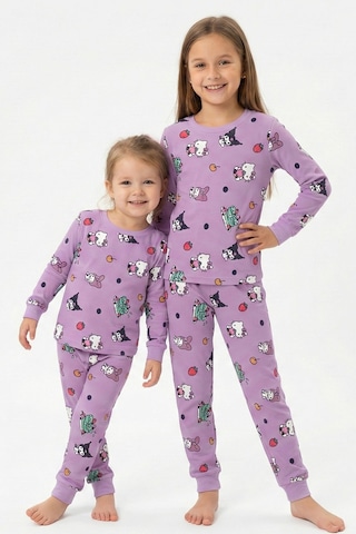 Cute Hello Kitty Ve Kuromi Desenli Kız Çocuk Pijama Takımı Lila