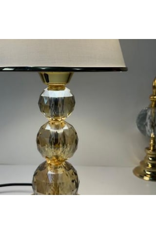 Mooncher Cam Gövdeli Gold Metal Abajur Altın Şeritli Krem Kumaş Başlık Gece Lambası Krem - Gold