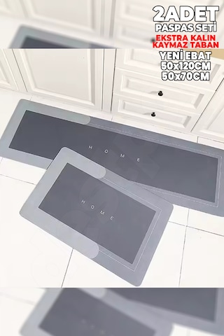 2 Adet Gri Ekstra Kalın 50x120 50x70 Su Emici Kaymaz Taban Gri
