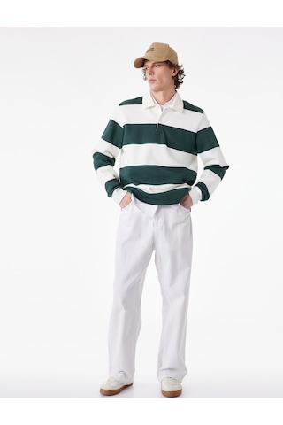Koton Regular Fit Uzun Kollu Şardonlu Düğmeli Polo Yaka Çizgili Sweatshirt Yeşil Çizgili 6wam70297mk