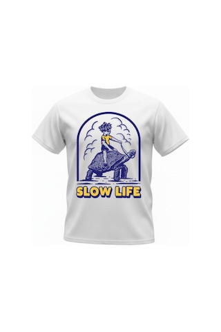 Urbantrendstore Unisex Slow Life Kaplumbağa Oversize Fit Rahat Geniş Salaş T-shirt Günlük Tişört Beyaz