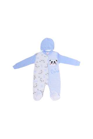 Hçm Erkek Bebek Tulum Şapkalı Panda Baskılı Çıtçıtlı D6 mavi