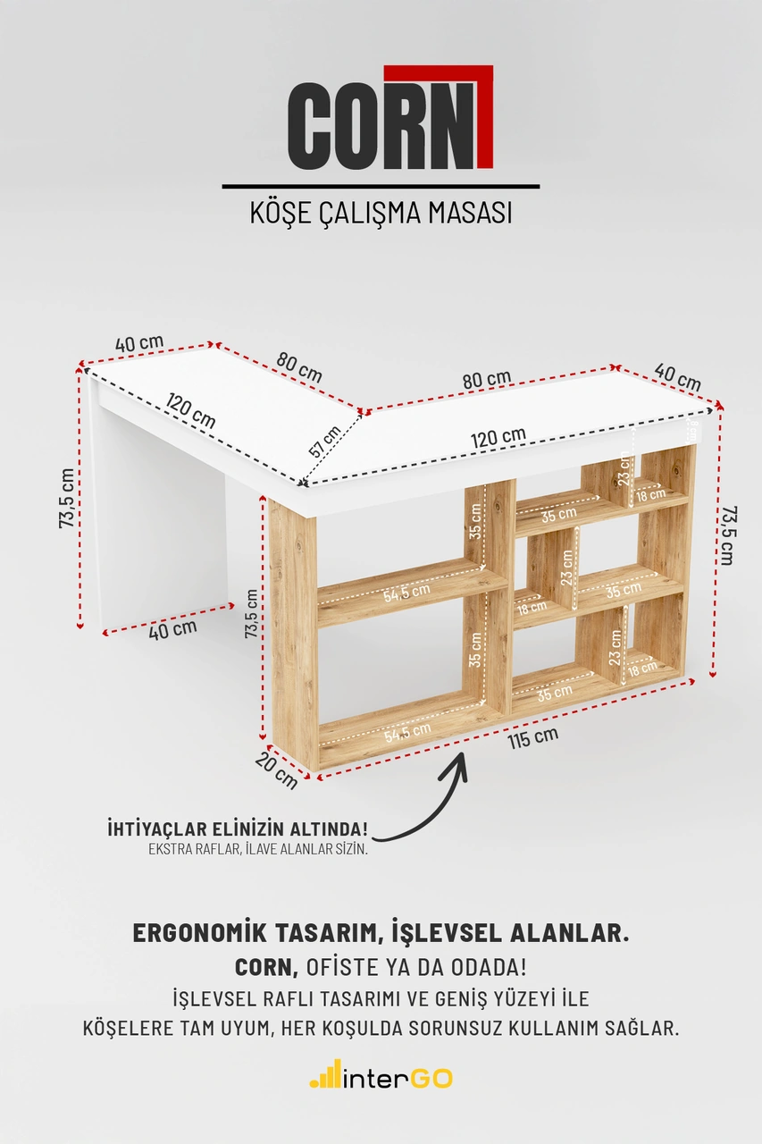 Corn Köşe Çalışma Masası Raflı Bilgisayar, Ofis Masası Beyaz - Atlantik Çam Beyaz - Atlantik Çam