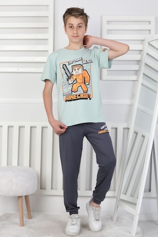 Zuzunga Explore Create Desenli Erkek Çocuk Süprem Kısa Kollu Pijama Takımı Buz Mavi