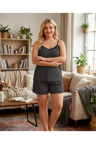 Büyük Beden Askılı Şortlu Likralı Penye Kumaş Pijama Takım Siyah Puantiyeli