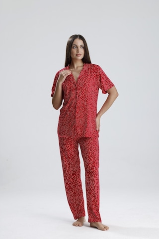 Kompedan Kadın Puantiye Desen Önden Düğmeli Pijama Takım Kırmızı P. Kırmızı