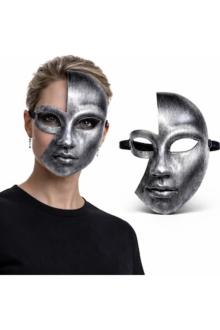 Antik Efektli Gümüş Yarım Yüz Plastik Parti Maskesi 5673 "