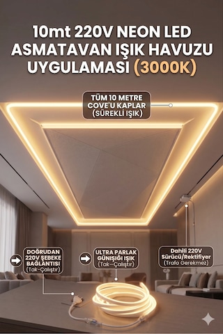 10 Metre 220v Neon Led Şerit Günışığı 3000k - Tak Çalıştır Set - Fişli Trafo Gerektirmez Esnek Led 64687047