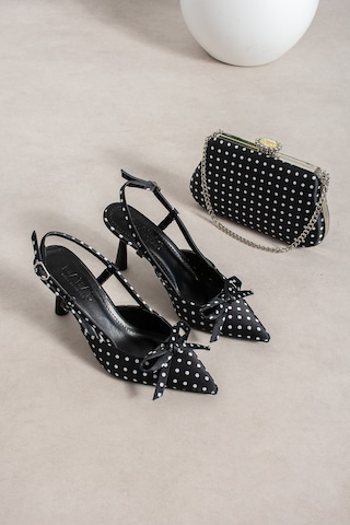 Dabab Shoes Polkıa Puantiye Desenli Siyah Saten Fiyonk Detaylı Sivri Burun Slingback 7 Cm İnce Topuklu Ayakkabı Ve Zincir Askılı Çanta Seti Siyah Kombin