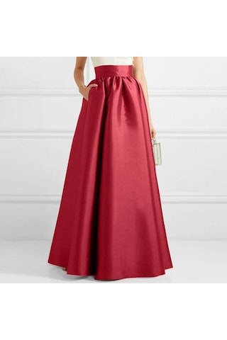 Zanzea Kadın Moda Yüksek Bel A-line Saten Etekler Düz Renk Parti Uzun Etekler Şarap Kırmızısı Kırmızı